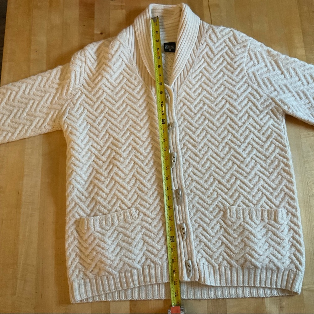 Nordic Design 100% Wool Shawl Collar Cardigan Cream Chunky Knit L - Picture 13 of 14